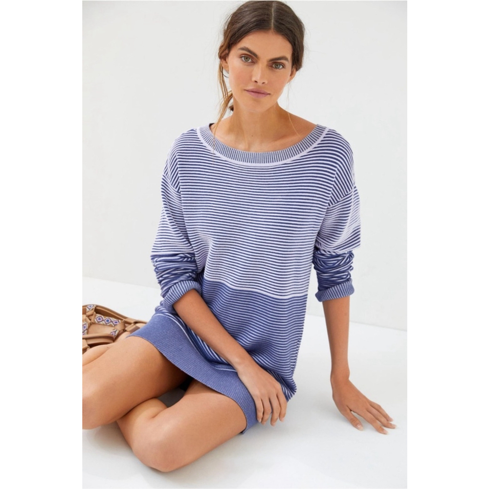 Anthropologie Blue Striped Crew Neck Sweater